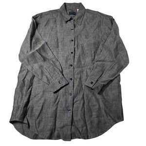 Liz Claiborne Lizsport Shirt Womens L Black Gray  100% Linen ButtonUp‎